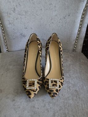 Charlotte Olympia Leopard Print Pointed Pumps with Crystal Buckle